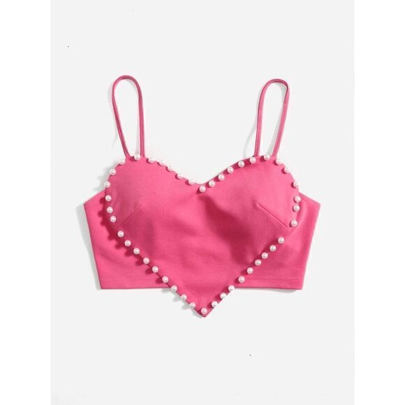 💗 Barbie Pink Cute Heart Shaped Crop Top Pearls Trim NEW WITH TAGS - Picture 2 of 16